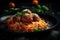 Spaghetti with meatballs in tomato sauce with brussels sprouts and sweet potatoes, traditional Italian cuisine food generative AI