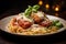 Spaghetti with meatballs, tomato sauce and parmesan cheese on dark background