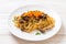 spaghetti with mushrooms, shrimp egg and seaweed