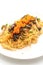 spaghetti with mushrooms, shrimp egg and seaweed