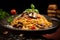 Spaghetti with mushrooms and tomato sauce on a dark background - Ai Generated