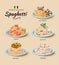 Spaghetti or pasta dishes vector set in cartoon