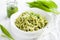 Spaghetti pasta with ramson (wild garlic) pesto