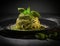 Spaghetti with pesto genovese plated elegantly. Generative AI