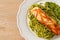 Spaghetti pesto with grilled salmon