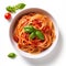 Spaghetti Pomodoro on plain white background - product photography