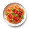 Spaghetti Pomodoro on plain white background - product photography