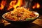 spaghetti with pork and chilli in black bowl on fire background, Experience a flaming spice sensation with sizzling stir-fried