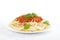Spaghetti ragu bolognese sauce on white,close up