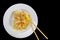 Spaghetti shrimp in white dish, top view noodles spicy with seafood isolated on black background - Clipping Path, Top views