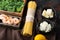 Spaghetti shrimps ingredients, on old dark  wooden table background