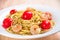 Spaghetti with shrimps, tomatoes