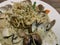 Spaghetti Squash Vegetables and Pasta with Clams in Pesto Sauce