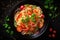 Spaghetti with tomatoes and basil in a black bowl on a black wooden background, top view, Chinese noodle soup with vegetables on