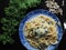 Spaghetti with vegetarian kale stew