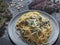 Spaghetti with vegetarian kale stew