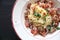 Spaghetti white sauce Spaghetti Carbonara with bacon and garlic , on wood table background