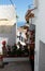 Spain. Andalucia. Mijas. Street with white walls of house and flowers, vertical view.