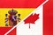 Spain and Canada, symbol of two national flags from textile. Partnership between European and American countries