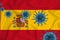 Spain flag. Blue viral cells, pandemic influenza virus epidemic infection, coronavirus, infection concept. 3d-rendering