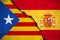 Spain flag on broken brick wall and half catalan flag, vote referendum for catalonia independence exit national crisis separatism