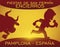 Spain Flag with Bull and Runner Silhouettes for San Fermin, Vector Illustration