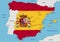 Spain highly detailed political map with national flag isolated on white background.