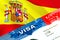 Spain immigration visa. Closeup Visa to Spain focusing on word VISA, 3D rendering. Travel or migration to Spain destination