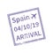 Spain International travel visa stamp isolated on white. Arrival sign purple rubber stamp with texture