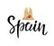 Spain lettering text with Cathedral silhouette, rose. Travel design style template for brochure, invitation card, logo and