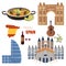Spain main attractions set collection Vector. Traditional paella seafood, city architectures and symbols