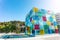 Spain, Malaga - 04.04.2019: colorful cube Centre Pompidou in sunshine in Malaga, Spain