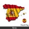 Spain map and flag . Waving textile design . Dot world map background . Vector