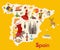 Spain map vector. Illustrated map for children. Cartoon atlas of Spain with flamenco