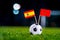 Spain - Morocco, Group B, Monday, 25. June, Football, World Cup, Russia 2018, National Flags on green grass, white football ball