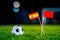 Spain - Morocco, Group B, Monday, 25. June, Football, World Cup, Russia 2018, National Flags on green grass, white football ball o
