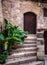 Spain, Oct 2021: Green plants at a house entrance, traditional stairs made of stone, wooden door