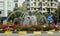 Spain, Pamplona, Plaza de las Merindades, fountain with flowers