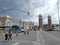 Spain: Predestrians walking over Plaza de Espagna in the city of Barcelona