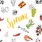 Spain seamless pattern doodle elements, Hand drawn sketch spanish food shrimps, olives, grape, flag and lettering. vector illustra