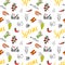 Spain seamless pattern doodle elements, Hand drawn sketch spanish food shrimps, olives, grape, flag and lettering. vector illustra