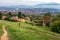 Spain; Sep 2020: Overview of Oviedo, city close to nature and mountains. Picos de Europa and Palacio de Congresos at the