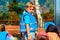 Spain, Tenerife, Adeje - December 18, 2018: Children in life jackets have fun in Tenerife water park