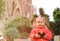 Spain travel - cute little girl in front of Sagrada Familia, Barcelona