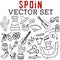 Spain Vector Set with cacti, pina colada, sombrero, fan, guitar, bulls, tomatoes, and maracas.