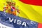 Spain Visa Document, with Spain flag in background. Spain flag with Close up text VISA on USA visa stamp in passport,3D rendering.