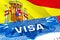 Spain Visa. Travel to Spain focusing on word VISA, 3D rendering. Spain immigrate concept with visa in passport. Spain tourism