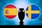 Spain vs Sweden, Euro National flags and football trophy silhouette. Background for soccer match, Group E, Bilbao, 15. June 2020
