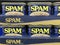 SPAM canned meat display. SPAM became popular and famous during wartime and is popular around the world