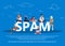 Spam concept flat vector illustration of young men and women receiving unsolicited emails. Flat vector